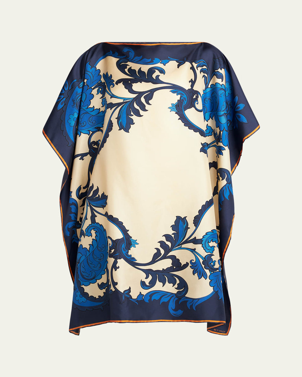 Leaf-Print Silk Poncho